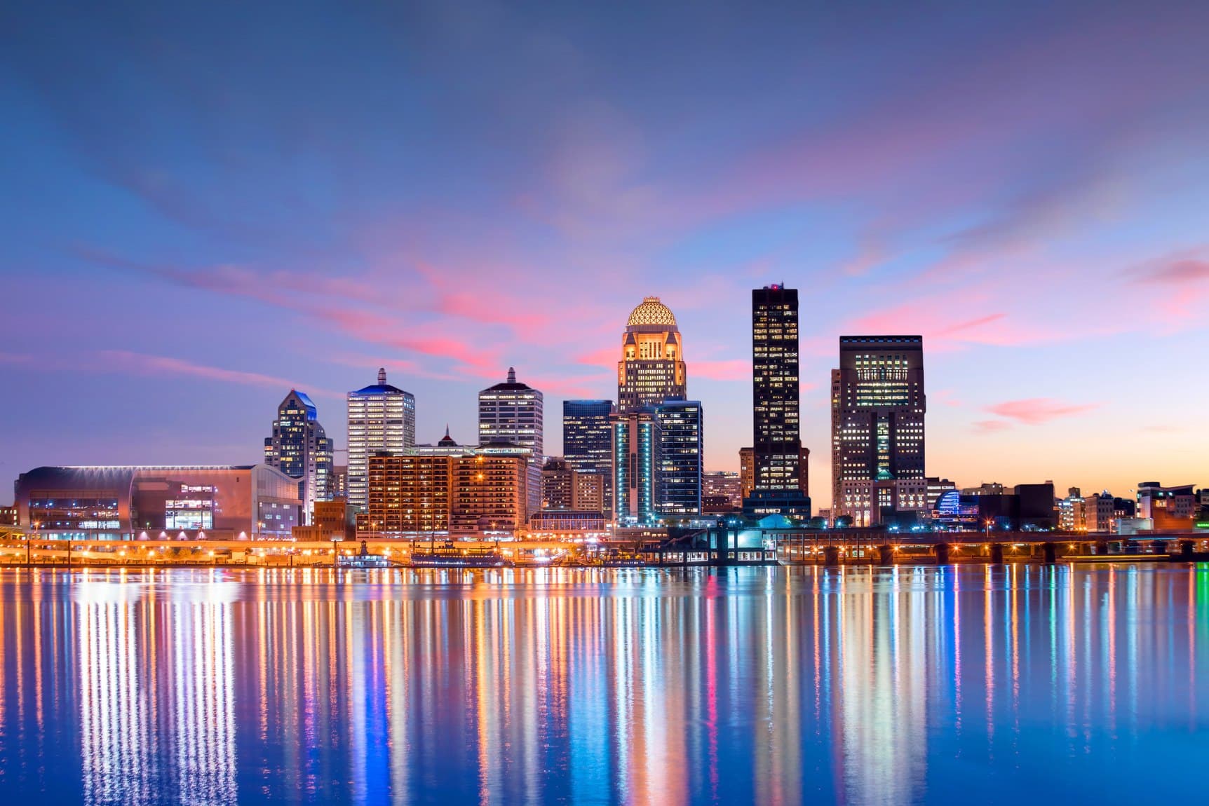 Louisville, Kentucky skyline at dusk, reflected in the Ohio River
